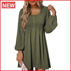 Long Sleeve Smocked Empire Waist A-Line Mini Dress Button Up Casual